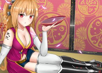 1girl absurdres alcohol belt breasts cleavage coat cup dress elbow_gloves embarrassed falling_petals from_side fusuma gear_hair_ornament gloves hair_tubes half-closed_eyes high_ponytail highres holding holding_cup indoors long_hair looking_at_viewer mechanical_boots navel open_mouth orange_hair outstretched_legs petals pink_coat pink_dress ponytail raised_inner_eyebrows red_eyes sakazuki sake sengoku_otome short_shorts shorts shoulder_tattoo sino_(sino_hb) sitting sleeveless sleeveless_dress sliding_doors tachibana_dousetsu_(sengoku_otome) tatami tattoo thighhighs white_thighhighs