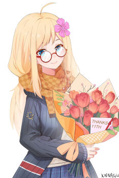 1girl absurdres ahoge anniversary blonde_hair blue_eyes blue_sweater blush border bouquet breasts cardigan checkered_clothes checkered_scarf commentary_request emblem english_text envelope flower glasses hair_flower hair_ornament heart highres holding holding_bouquet hood_(warship_girls_r) lips long_hair long_sleeves looking_at_viewer medium_breasts necktie open_cardigan open_clothes outside_border plaid_clothes plaid_skirt red-framed_eyewear rose round_eyewear royal_navy scarf school_uniform shirt signature simple_background skirt smile solo stamp_mark sweater union_jack upper_body valentine warship_girls_r white_background white_shirt xnnagu