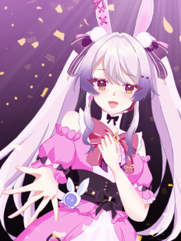 1girl alternate_costume alternate_hairstyle animal_ears chinese_commentary commentary_request dress hair_ornament hand_on_own_chest highres lanyin long_hair looking_at_viewer mocha_parfait music open_mouth pink_hair purple_hair rabbit_ears smile solo twintails virtual_dimension_project virtual_youtuber white_hair xy_production yellow_eyes