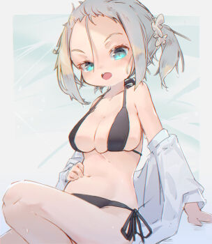 Rule 34 | 1girl, bikini, black bikini, blue eyes, blush, breasts, cleavage, commentary, dated commentary, feet out of frame, grey hair, highres, jacket, large breasts, long sleeves, navel, nep (nep 76), off shoulder, open mouth, original, short hair, side-tie bikini bottom, sitting, solo, swimsuit, white jacket