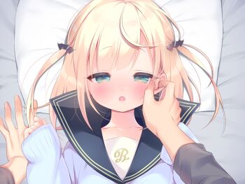 1boy 1girl bat_hair_ornament black_sailor_collar blonde_hair blue_sweater blush collarbone game_cg green_eyes hair_ornament hand_on_another&#039;s_face hands_up large_variant_set long_sleeves looking_at_viewer lying mainichi_kiss_shite_lolita mihato_(mainichi_kiss_shite_lolita) non-web_source on_back on_bed open_mouth pillow piyodera_mucha portrait pov pov_hands sailor_collar school_uniform serafuku short_hair sleeves_past_wrists solo_focus sweater two_side_up variant_set