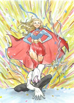 2girls black_bodysuit blonde_hair blue_eyes blue_shirt blue_shoes bodysuit boots cape comic_cover commentary_request confetti cover cover_page crossover dc_comics floating_cape floating_hair gwen_stacy hands_on_own_hips highres hood hooded_bodysuit long_hair looking_at_viewer marvel mask midriff multicolored_bodysuit multiple_girls official_art peach_momoko red_boots red_cape red_skirt shirt shoes silk skirt smile spider-gwen spider-man_(series) spider-verse squatting supergirl superhero_costume superman_(series) superman_logo textless_version thigh_boots white_bodysuit