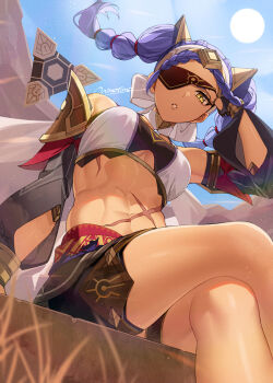 1girl abs bare_shoulders bike_shorts bike_shorts_under_skirt black_sleeves black_tube_top blindfold blindfold_lift blue_sky bracelet braid braided_bangs breasts colored_blindfold commentary_request covered_eyes crossed_legs dark-skinned_female dark_skin day detached_sleeves from_below genshin_impact grey_headband headband jeht_(genshin_impact) jewelry looking_at_viewer medium_breasts midriff navel onimoti outdoors paid_reward_available parted_lips partial_commentary purple_hair quad_braids scar scar_on_stomach signature sitting sky solo strapless sun tube_top underboob yellow_eyes
