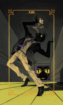 1boy absurdres arm_up black_footwear black_jacket brown_pants card_(medium) commentary death_(tarot) diamond_wa_kudakenai english_commentary full_body highres jacket jojo_no_kimyou_na_bouken killer_queen kira_yoshikage male_focus necktie nepook open_mouth pants purple_necktie shadow short_hair slit_pupils stand_(jojo) tarot tarot_(medium) wooden_floor yellow_eyes
