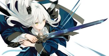 Rule 34 | 1girl, animal ear fluff, animal ears, blue jacket, collared shirt, commentary request, crossed bangs, ear ornament, extra ears, fox ears, fox girl, fox tail, highres, holding, holding sword, holding weapon, jacket, long hair, looking ahead, nagishiro mito, original, shirt, sidelocks, simple background, sleeves rolled up, solo, sword, tail, transparent sword, weapon, white background, white hair, white shirt, wide sleeves