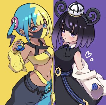 2girls aqua_eyes aqua_hair aqua_pants belt belt_buckle black_dress black_hair black_pants blonde_hair blunt_bangs blush bob_cut buckle canari_(pokemon) closed_mouth coat coat_partially_removed crop_top dark-skinned_female dark_skin dress gloves gradient_hair gwynn_(pokemon) hat heart highres holding holding_poke_ball jacket jacket_partially_removed looking_at_viewer mask mouth_mask multicolored_hair multiple_girls navel nintendo o-ring o-ring_belt pants partially_fingerless_gloves poke_ball pokemon pokemon_legends:_z-a purple_eyes purple_hair quick_ball relight sleeveless sleeveless_dress split-color_hair two-tone_background two-tone_pants white_coat white_hat yellow_jacket
