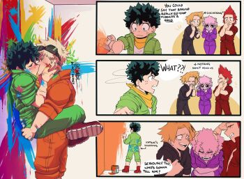 ashido_mina bakudeku bakugou_katsuki black_sclera blonde_hair boku_no_hero_academia carrying carrying_person colored_sclera colored_skin freckles grabbing_another&#039;s_ass graffiti green_hair groping horns jumpsuit kaminari_denki kirishima_eijirou kiss laughing mica_(c_killjoy) midoriya_izuku paint paintbrush painting_(action) pink_hair pink_skin red_hair yaoi