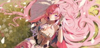2girls bare_shoulders blue_eyes boots breasts commentary_request company_connection corset cyrene_(aedes_elysiae)_(honkai:_star_rail) cyrene_(honkai:_star_rail) diamond-shaped_pupils diamond_(shape) dress elysia_(herrscher_of_human:_ego)_(honkai_impact) elysia_(honkai_impact) falling_petals gloves hair_ornament highres honkai:_star_rail honkai_(series) honkai_impact_3rd inoue_marina jewelry korean_commentary lap_pillow_invitation large_breasts long_hair multicolored_hair multiple_girls necklace on_grass outdoors petals pink_hair purple_eyes reosroom smile symbol-shaped_pupils two-tone_hair very_long_hair voice_actor_connection white_boots white_corset white_dress white_gloves white_hair yanning