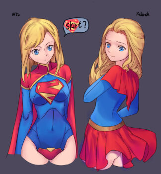 1girl ? absurdres ass back blonde_hair blue_eyes breasts cape capelet reference_sheet closed_mouth clothes_lift comparison covered_navel cropped_legs dc_comics english_text female_focus grey_background hair_slicked_back has_bad_revision has_downscaled_revision highres kryptonian large_breasts leotard long_hair looking_at_viewer md5_mismatch multiple_views overskirt red_cape red_skirt resolution_mismatch short_hair simple_background skirt skirt_lift sleeved_leotard smile source_smaller speech_bubble supergirl superman_(series) swept_bangs thighs tsuki_suigetsu turnaround