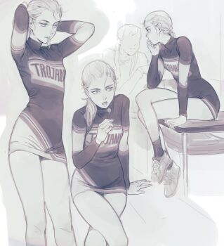 1girl candy cheerleader feason food graphite_(medium) greyscale highres holding holding_candy holding_food monochrome multiple_girls original ponytail simple_background sitting sketch standing traditional_media