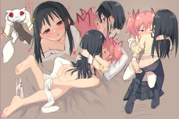 2girls absurdres akemi_homura ass bad_id bad_pixiv_id barefoot black_hair black_pantyhose bow clothes_pull feet french_kiss hair_bow hairband highres kaname_madoka kiss kochiruga kyubey leg_lock unworn_legwear mahou_shoujo_madoka_magica mahou_shoujo_madoka_magica_(anime) multiple_girls off_shoulder panties panties_around_toe unworn_panties panty_pull pantyhose pantyhose_pull pillow pink_hair sequential skirt stepped_on thighhighs thighhighs_pull twintails underwear undressing undressing_another white_thighhighs yuri