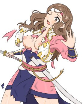 1girl breasts breasts_out brown_eyes brown_hair fire_emblem fire_emblem_fates hana_(fire_emblem) holding holding_sword holding_weapon katana long_hair medium_breasts nintendo nipples one_eye_closed pelvic_curtain samurai simple_background solo sword wardrobe_malfunction wavy_hair weapon white_background yoshiogroove