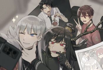 2boys 2girls angelica_(project_moon) bad_id bad_twitter_id black_gloves black_sweater blue_eyes brown_hair coat commentary_request couch dragon_horns eastern_dragon_horns eating food gloves hand_up horns inactive_account library_of_ruina lobpoint_72 long_hair lowell_(project_moon) multiple_boys multiple_girls noodles one_eye_closed open_mouth parted_lips project_moon red_coat red_eyes red_hair roland_(project_moon) sidelocks smile sweater v very_long_hair white_hair xiao_(project_moon)