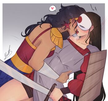 2girls black_hair commentary dc_comics diana_prince dress grey_background grey_dress h1tsdifferent hand_on_another's_waist hashtag-only_commentary heart highres holding holding_weapon katana_(dc) long_hair multiple_girls red_lips signature sword tatsu_yamashiro weapon white_mask wonder_woman yuri