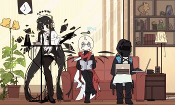 1boy 1girl 1other ahoge ambiguous_gender animated animated_gif arknights black_eyes black_footwear black_gloves black_hair black_halo black_pants black_skirt black_thighhighs black_wings blinking blue_eyes blunt_bangs book can't_choose_your_own_family clock commentary couch crossed_legs detached_wings doctor_(arknights) executor_(arknights) executor_the_ex_foedere_(arknights) gloves gun halo handgun headphones hime_cut holding holding_book holding_gun holding_weapon indoors lamp long_hair losia miniskirt mole mole_under_eye open_book pants plant potted_plant sitting skirt straight_hair table thighhighs very_long_hair virtuosa_(arknights) wall_clock watching weapon white_hair wings zooming_in