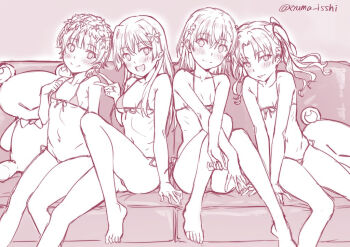 Rule 34 | 4girls, barefoot, bikini, breasts, couch, foreshortening, greyscale, head wreath, isshi pyuma, long hair, looking at viewer, micro bikini, misaka mikoto, monochrome, multiple girls, saten ruiko, shirai kuroko, short hair, side-tie bikini bottom, sketch, small breasts, swimsuit, toaru kagaku no railgun, toaru majutsu no index, twintails, uiharu kazari