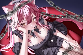 1girl animal_ears black_corset black_dress black_garter_straps black_headdress black_ribbon black_sleeves black_thighhighs blurry blurry_foreground blush bracelet breasts chain chair cleavage closed_mouth commentary corset detached_sleeves dress easy_chair fingernails fishnet_thighhighs fishnets flower-trimmed_thighhighs from_above garter_straps hair_ornament hair_ribbon hand_on_own_cheek hand_on_own_face highres hololive hololive_english jewelry large_breasts long_hair multicolored_hair nail_polish necklace panther_ears panther_girl panther_tail pink_hair pink_nails pink_tail raora_panthera ribbon short_sleeves sitting skull_collar skull_hair_ornament skull_ornament solo ssiiiyyaa streaked_hair tail thighhighs thighs two-tone_hair virtual_youtuber white_hair yellow_eyes