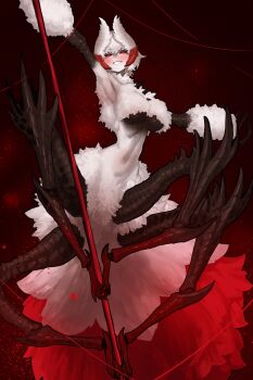 1girl absurdres armpits arthropod_girl black_sclera blush body_fur breasts colored_sclera colored_skin ekrea_jan fluff gradient_fur gradient_skin highres lala_barina_(monster_hunter_wilds) large_breasts mandibles monster_girl monster_hunter_(series) monster_hunter_wilds navel red_background red_eyes smile solo spikes string tagme underboob white_fur white_skin