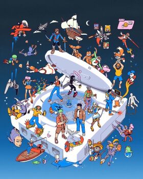 6+boys 6+girls aika_(eternal_arcadia) aircraft airplane airship amigo ayane_(doa) beanie beard beat_(jsr) big_the_cat blood blue_dress blue_eyes blue_thighhighs boat bomberman boots broom broom_riding brown_hair brown_jacket brown_shorts brown_thighhighs cat chao_(sonic) character_request chu_chu_rocket chuih collarbone controller copyright_request crossover cube_(jsr) dead_or_alive dr._eggman dress dual_wielding ecco_the_dolphin ecco_the_dolphin_(game) eternal_arcadia facial_hair flying game_console green_hair grey_footwear gunbird hat hazuki_ryou highres holding holding_controller holding_knife holding_umbrella jacket jet_set_radio knife marion morolian multiple_boys multiple_crossover multiple_girls orange_hair orange_hat pink_hair pomupomu puyopuyo red_shirt samba_de_amigo seaman seaman_(game_character) sega sega_dreamcast shadow_the_hedgehog shenmue shirt shoes shorts sonic_(series) sonic_adventure sonic_adventure_2 sonic_the_hedgehog sophitia_alexandra soul_calibur space_channel_5 speech_bubble stephen_maurice_graham tails_(sonic) thighhighs twintails ulala umbrella vyse watercraft white_bomberman white_dress white_footwear white_shirt yellow_shoes