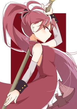 bare_shoulders border commentary detached_sleeves dress frilled_dress frills from_side high-low_dress highres holding holding_polearm holding_weapon kaeru_treefrog long_hair magical_girl mahou_shoujo_madoka_magica mahou_shoujo_madoka_magica_(anime) outside_border polearm ponytail red_background red_dress red_eyes red_hair sakura_kyoko sakura_kyoko_(magical_girl) sideways_glance simple_background sleeveless sleeveless_dress weapon white_border
