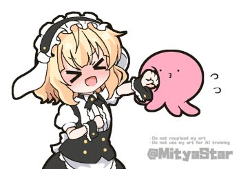 >_< 1girl :d animal_ears animated animated_gif apron artist_name black_hairband black_skirt blonde_hair center_frills chibi closed_eyes crossover fake_animal_ears fleur_de_lapin_uniform floppy_ears frilled_apron frilled_hairband frills gochuumon_wa_usagi_desu_ka? hairband kirima_syaro mitya octopus open_mouth puffy_short_sleeves puffy_sleeves punching rabbit_ears shirt short_hair short_sleeves simple_background skirt smile takopii takopii_no_genzai twitter_username waist_apron waitress white_apron white_background white_shirt wrist_cuffs