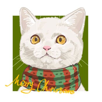 Rule 34 | 7488426568, animal, animal focus, cat, chinese commentary, christmas, commentary request, english text, engrish text, green background, highres, looking at viewer, merry christmas, no humans, original, ranguage, realistic, scarf, simple background, solo, striped clothes, striped scarf, transparent background, whiskers, white cat, yellow eyes