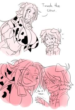 1boy 1girl animal_ears animal_print assertive_female bell blush breasts cow_ears cow_horns cow_print dog_ears english_text graph_(graphiteknight) height_difference highres horns huge_breasts long_hair matt_(ego_trigger) mattie_(ego_trigger) meme neck_bell original shota touch_the_cow_(meme)