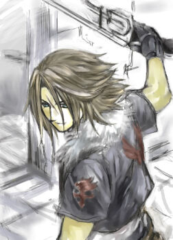 1boy arm_up black_gloves black_jacket blue_eyes brown_hair cropped_jacket day final_fantasy final_fantasy_viii gloves gunblade hinokami holding holding_weapon indoors jacket kingdom_hearts kingdom_hearts_ii looking_down lowres male_focus medium_hair scar scar_on_face shirt short_sleeves sketch smile solo squall_leonhart upper_body weapon white_shirt