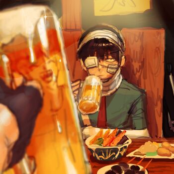2boys akagi_kazuaki alcohol arm_cast bandage_on_face bandages beer beer_mug black_hair cast eyepatch fingerless_gloves food gloves hanagata_kaede highres hooggu indoors kemono_jihen male_focus mug multiple_boys reflection restaurant short_hair solo_focus