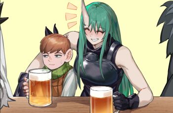 1boy 1girl alcohol arknights arm_on_table beer beer_mug black_eyes black_gloves brown_hair chilchuck_tims closed_eyes crossover cup drunk dungeon_meshi foam gloves grey_hair grin happy highres hoshiguma_(arknights) long_hair mug smile sweatdrop tsugu0302 very_long_hair