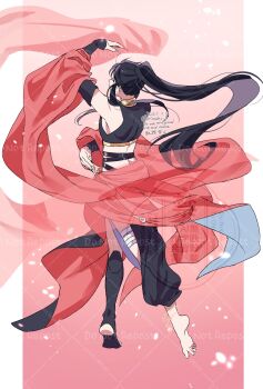 1boy alternate_costume arabian_clothes arm_up asymmetrical_clothes asymmetrical_legwear back bandaged_leg bandages bare_shoulders barefoot black_hair black_pants black_shirt black_sleeves black_socks cape crop_top crossdressing crossdressing_(mtf) dancer dancing dated detached_sleeves facing_away floating_clothes floating_hair from_behind full_body harem_outfit highres kimako_(kimako_8) kneehighs light_particles long_hair male_focus midriff modao_zushi pants pink_background ponytail red_cape red_shawl shawl shirt single_bare_foot single_sock sleeveless sleeveless_shirt socks solo stirrup_legwear toeless_legwear twitter_username very_long_hair waist_cape watermark wei_wuxian