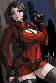 1girl ada_wong against_wall belt black_belt black_gloves black_hair black_nails black_thighhighs breasts character_name cleavage cleavage_cutout closed_mouth clothing_cutout collared_dress commentary covered_navel cowboy_shot dress english_commentary english_text enma_(enmanuelart) eyelashes fingerless_gloves gloves grey_eyes gun hand_up handgun highres holding holding_gun holding_torch holding_weapon large_breasts lips long_hair long_sleeves looking_to_the_side multiple_belts nose outdoors people red_dress red_lips resident_evil resident_evil_4 resident_evil_4_(remake) shadow short_hair sketch solo sweater sweater_dress thighhighs tight_clothes tight_dress torch unfinished weapon