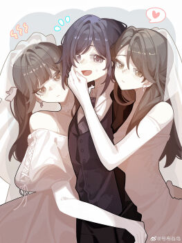 3girls absurdres black_hair black_vest bridal_veil brown_eyes brown_hair chinese_commentary closed_eyes closed_mouth collared_shirt commentary detached_sleeves dress earrings grey_neckerchief hand_on_another&#039;s_cheek hand_on_another&#039;s_face haobuguniao highres igarashi_sakuko jewelry long_hair mole mole_under_eye multiple_girls neckerchief nishida_rinko off-shoulder_dress off_shoulder open_mouth polygamy purple_eyes shimizu_hinako shirt silent_hill_(series) silent_hill_f sweatdrop twintails veil vest wedding_dress white_dress white_shirt wife_and_wife_and_wife yuri