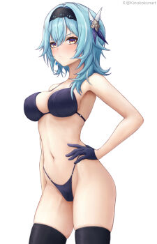 1girl alternate_costume asymmetrical_hair bare_shoulders black_bra black_gloves black_hairband black_panties black_thighhighs blue_hair bra breasts closed_mouth commentary_request eula_(genshin_impact) genshin_impact gloves hair_between_eyes hair_ornament hairband hand_on_own_hip highres kinoko_kun large_breasts medium_hair navel panties revision simple_background solo stomach swimsuit thighhighs twitter_username underwear underwear_only variant_set white_background yellow_eyes