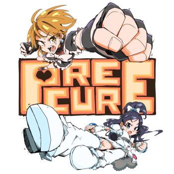 2girls ahoge belt black_arm_warmers black_gloves black_hair black_leg_warmers black_shirt black_shorts black_skirt blue_belt bow bowtie brown_eyes brown_hair brown_shoes clenched_hand commentary_request copyright_name cropped_shirt cure_black cure_white determined dress earrings eyelashes fingerless_gloves fingernails floating floating_clothes frilled_leg_warmers frilled_skirt frilled_sleeves frills futari_wa_precure gloves hair_bow hair_ornament heart heart_earrings heart_hair_ornament heart_print high_ponytail highres incoming_attack incoming_kick incoming_punch jewelry kicking leg_warmers looking_at_viewer miniskirt misumi_nagisa multiple_girls naitsupic open_mouth pink_bag pink_bow pink_bowtie ponytail precure punching purple_eyes shirt shoes short_dress short_hair short_ponytail short_sleeves shorts shorts_under_skirt simple_background skirt skirt_set swept_bangs tareme teeth tsurime turtleneck turtleneck_shirt two-tone_bag v-shaped_eyebrows waist_bag white_arm_warmers white_background white_bag white_bow white_bowtie white_dress white_leg_warmers white_shoes yukishiro_honoka