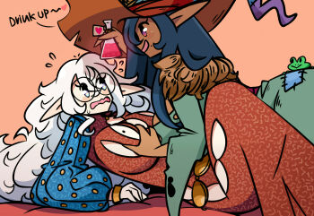 2girls archmage_(murgoten) bog_witch_(murgoten) english_text glasses hat highres multiple_girls murgoten pointy_ears potion witch_hat