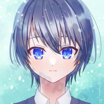 1boy :| aqua_background black_hair blue_eyes closed_mouth collared_shirt commentary_request hair_between_eyes looking_at_viewer male_focus original sample_watermark shirt short_hair solo twitter_username watermark white_shirt yukimura_88