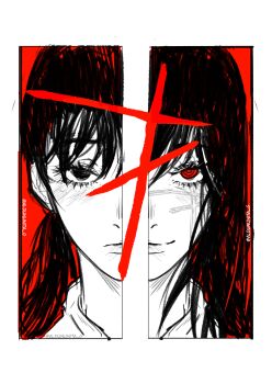 2girls absurdres aldununita_g chainsaw_man commentary cross_scar english_commentary facial_scar frown greyscale_with_colored_background highres mitaka_asa multiple_girls red_background red_eyes ringed_eyes scar scar_on_cheek scar_on_face smile split_screen spot_color twitter_username yoru_(chainsaw_man)