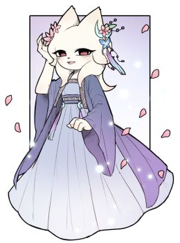 1girl blue_dress blue_sash butterfly_hair_ornament cat_girl chinese_clothes coat dress flower full_body furry furry_female hair_flower hair_ornament hand_up hanfu heng_(nine_sols) looking_at_viewer nine_sols open_mouth pink_flower purple_coat sash smile solo tassel tassel_hair_ornament white_fur yyang_gg