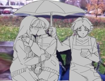 1boy 2girls amagi_yukiko blush closed_mouth commentary hairband hanamura_yousuke hashtag-only_commentary highres holding holding_hands holding_phone holding_umbrella jacket kiss long_hair mixed_media monochrome moskk884006 multiple_girls outdoors persona persona_4 phone satonaka_chie short_hair sitting track_jacket umbrella upper_body yuri