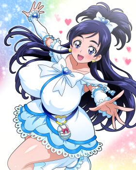 1girl absurdres alternate_body_size alternate_breast_size_(larger) arms_at_sides boots breasts covered_erect_nipples cure_white dress earrings futari_wa_precure heart heart_earrings highres hitokiwa_kenchin huge_breasts jewelry long_hair magical_girl open_mouth precure purple_eyes rainbow_gradient solo sparkle thick_eyebrows thick_thighs thighs topknot very_long_hair white_boots white_dress yukishiro_honoka