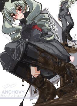 !? 1girl 1other absurdres anchovy_(girls_und_panzer) anzio_military_uniform belt black_belt black_footwear black_necktie black_ribbon black_shirt blush boots cellphone commentary_request dirty_footwear dress_shirt drill_hair girls_und_panzer green_hair grey_jacket grey_pants hair_ribbon highres holding holding_phone holding_riding_crop isofude jacket knee_boots long_hair long_sleeves looking_at_viewer military military_uniform mud necktie open_mouth pants partial_commentary phone red_eyes ribbon riding_crop sam_browne_belt shirt smartphone smile squatting standing sweatdrop translated twin_drills twintails walking wing_collar