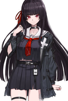 Rule 34 | 1girl, absurdres, black choker, black hair, black jacket, black serafuku, black shirt, black skirt, breasts, bright pupils, chisa (wuthering waves), choker, closed mouth, collarbone, commentary, cowboy shot, creno1605, english commentary, fingernails, hair ribbon, hand up, highres, jacket, light blush, long hair, long sleeves, medium breasts, mole, mole under eye, neckerchief, red eyes, red neckerchief, red ribbon, ribbon, sailor collar, school uniform, serafuku, shirt, simple background, skirt, solo, white background, white pupils, white sailor collar, wuthering waves
