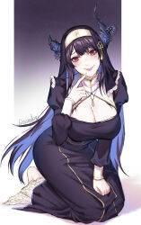 Rule 34 | 1girl, absurdres, alternate costume, black dress, black hair, blue hair, breasts, cleavage, colored inner hair, crissydissy, demon horns, dress, grin, habit, highres, hololive, hololive english, horns, index finger raised, kneeling, large breasts, looking at viewer, mole, mole under eye, multicolored hair, nerissa ravencroft, nun, red eyes, smile, solo, two-tone hair, virtual youtuber