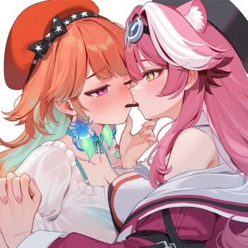 2girls andyleeyuan animal_ears blush breasts earrings feathers food food_in_mouth gradient_hair hat hololive hololive_english incoming_pocky_kiss jewelry long_hair multicolored_hair multiple_girls orange_hair panther_ears panther_girl pink_hair pocky pocky_in_mouth pocky_kiss purple_eyes raora_panthera shared_food takanashi_kiara virtual_youtuber yellow_eyes yuri