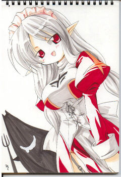 1girl 2000s_(style) :3 back_bow blush bow breasts commentary_request corset cowboy_shot deviruchi dress garter_straps grey_hair high_priest_(ragnarok_online) juliet_sleeves large_breasts long_hair long_sleeves looking_at_viewer maid_headdress miuku_(marine_sapphire) open_mouth pointy_ears puffy_sleeves ragnarok_online red_dress red_eyes simple_background smile solo two-tone_dress white_background white_bow white_corset white_dress