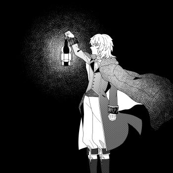 1boy absurdres baggy_pants boots coat commentary_request expressionless floating_clothes from_side fur_coat gloves greyscale hashikko69 highres male_focus medium_hair messy_hair monochrome oil_lamp pants standing tsukihime tsukihime_(remake) vlov_arkhangel