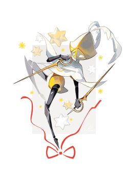 1other arthropod_limbs black_skin cloak colored_skin commentary dual_wielding hashtag-only_commentary highres holding holding_sword holding_weapon hollow_eyes hollow_knight hollow_knight:_silksong humanoid_robot leg_up no_humans other_focus reverse_grip robot ruizi_06 second_sentinel_(hollow_knight) star_(symbol) sword weapon white_cloak white_eyes