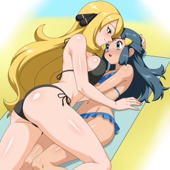 2girls absurdres age_difference ass beach beach_towel bikini black_bikini blonde_hair blue_bikini blue_eyes blue_hair breasts closed_mouth cynthia_(pokemon) dawn_(pokemon) face-to-face flat_chest frilled_bikini frills grey_eyes hair_ornament highres large_breasts long_hair looking_at_another multiple_girls nintendo open_mouth pokemon pokemon_dppt side-tie_bikini_bottom strap_gap swimsuit towel tsubasadraw very_long_hair yuri