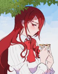 Rule 34 | 1girl, bow, bowtie, cup, hair over one eye, highres, holding, holding cup, kirijou mitsuru, leaf, long sleeves, looking at viewer, persona, persona 3, rao per mitsuru, red bow, red bowtie, red eyes, red hair, school uniform, shirt, solo, tartarus, tea, teacup, twisted hair, white shirt